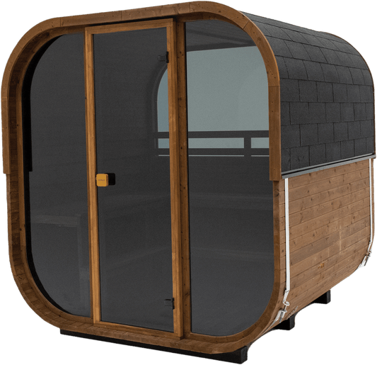 Hekla Cube Sauna 210 outdoor cube sauna, exterior side angle cutout 1.