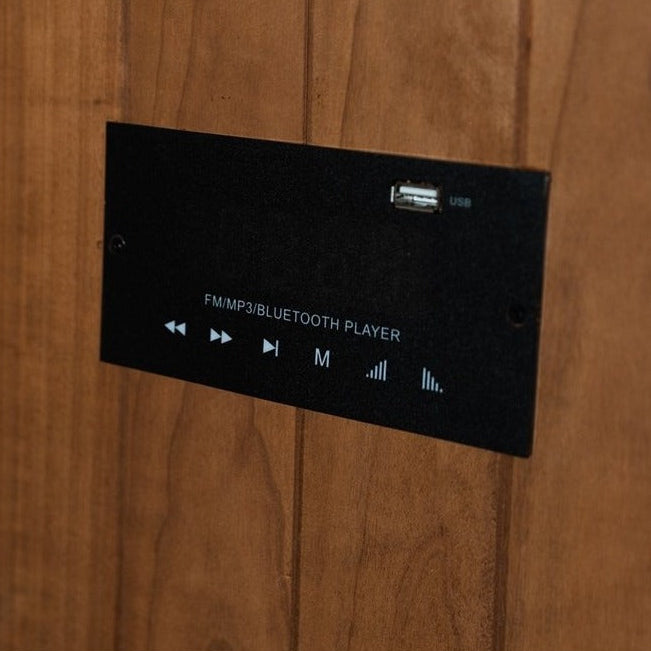 Bluetooth/MP3 audio player panel with USB port inside the Hekla IR100 sauna.