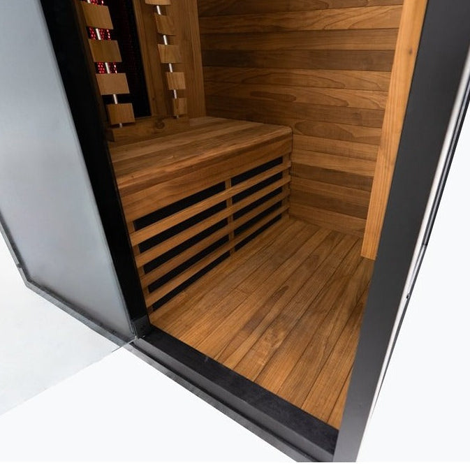 Door-open view showing the bench inside the Hekla IR100 infrared sauna.