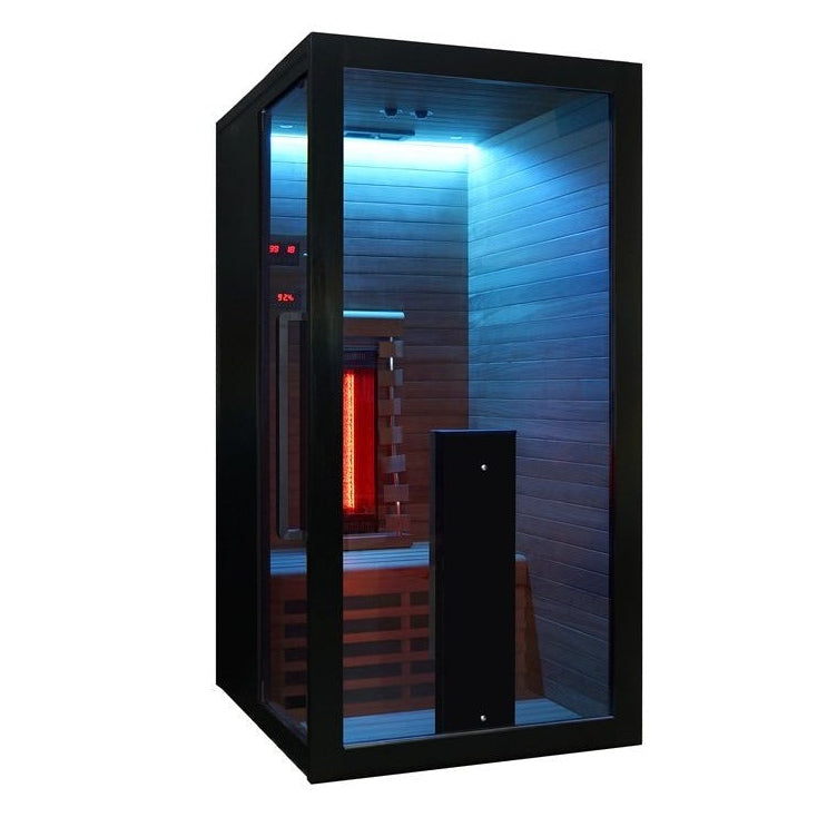 Front angle view of the Hekla IR100 infrared sauna with blue chromotherapy lighting.