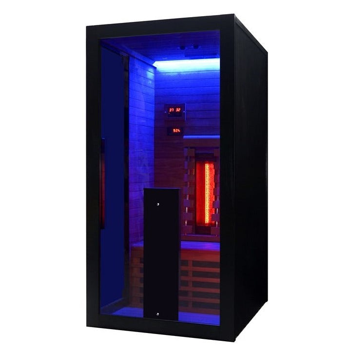 Front angle view of the Hekla IR100 infrared sauna with deep blue lighting.