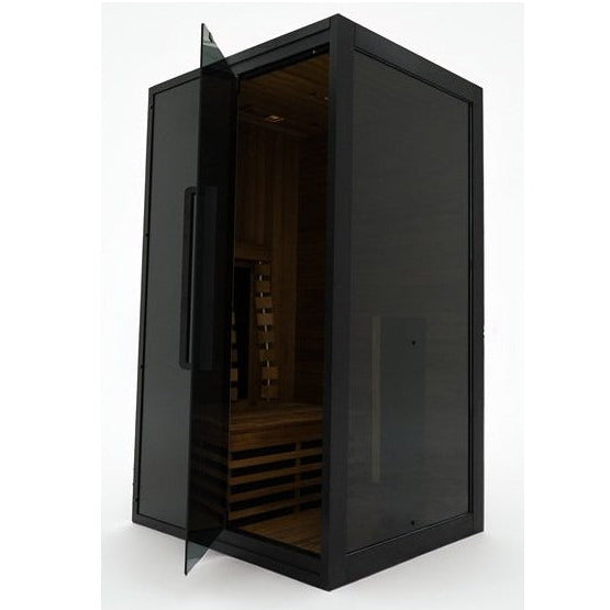 Front angle view of the Hekla IR100 infrared sauna with the door open.