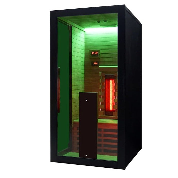 Front angle view of the Hekla IR100 infrared sauna with green chromotherapy lighting.