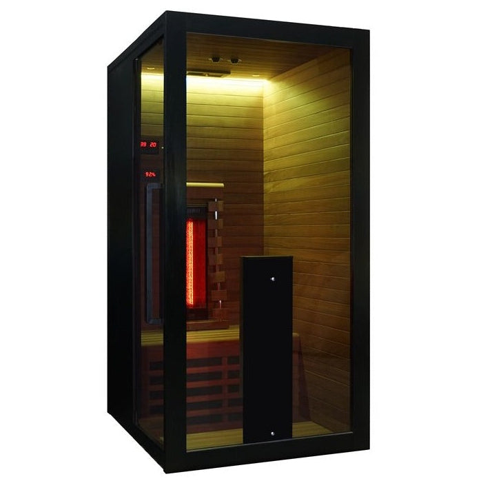 Front angle view showing the interior of the Hekla IR100 infrared sauna with warm lighting.