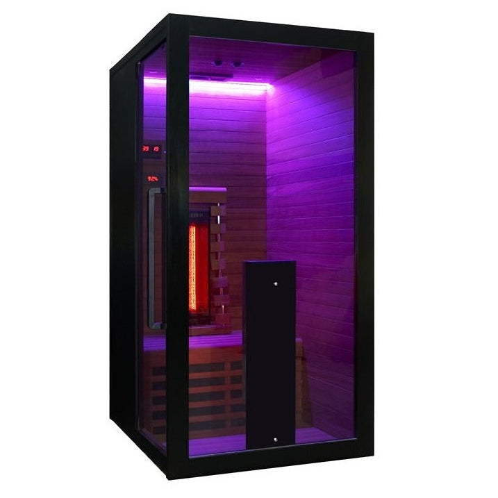 Front angle view of the Hekla IR100 infrared sauna with purple chromotherapy lighting.