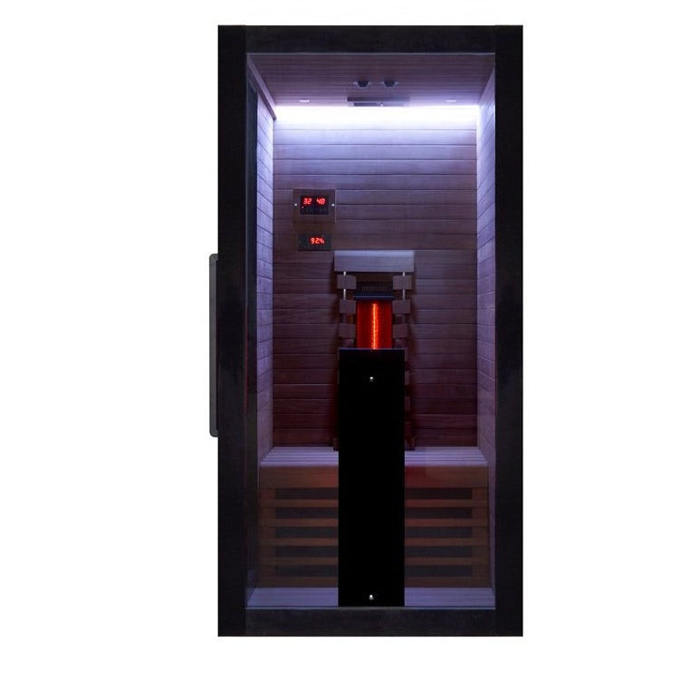 Front view of the Hekla IR100 infrared sauna with white interior lighting.