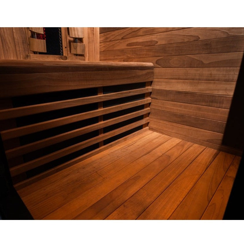 Interior bench and floor detail inside the Hekla IR100 infrared sauna.