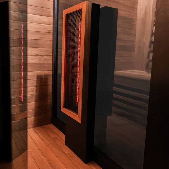 Interior view of the front heater panel inside the Hekla IR100 sauna.