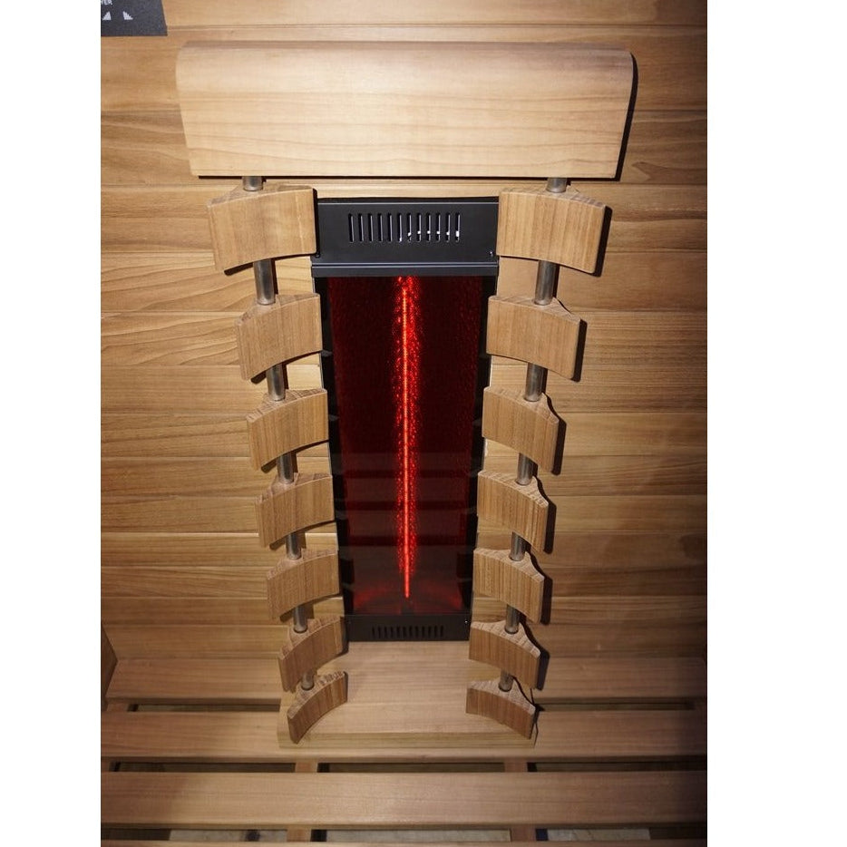 Close-up of the infrared heater and backrest inside the Hekla IR100 sauna.