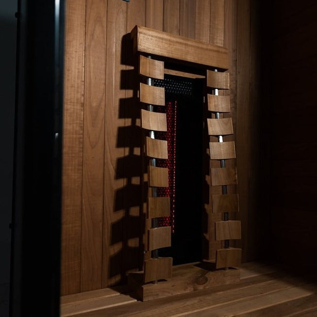 Side view of the infrared heater inside the Hekla IR100 sauna.