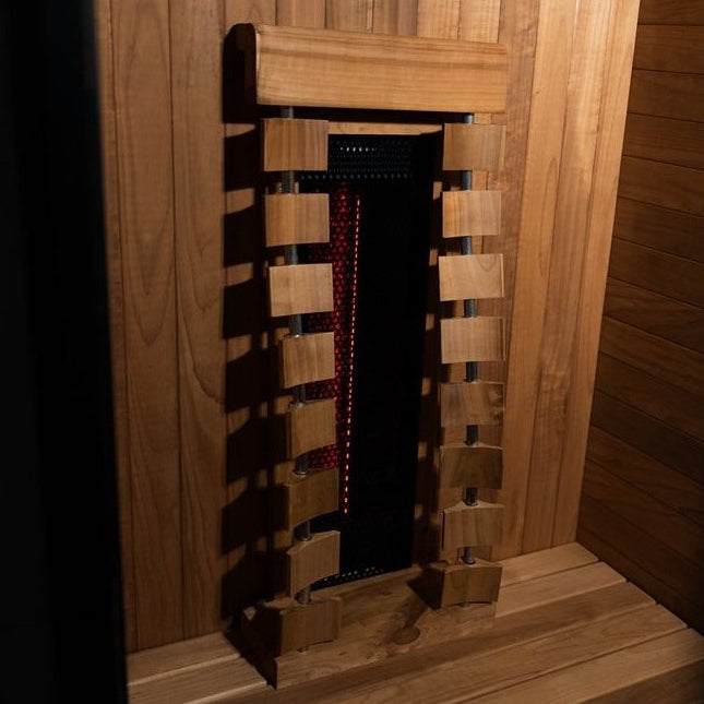 Interior view of the infrared heater inside the Hekla IR100 sauna.