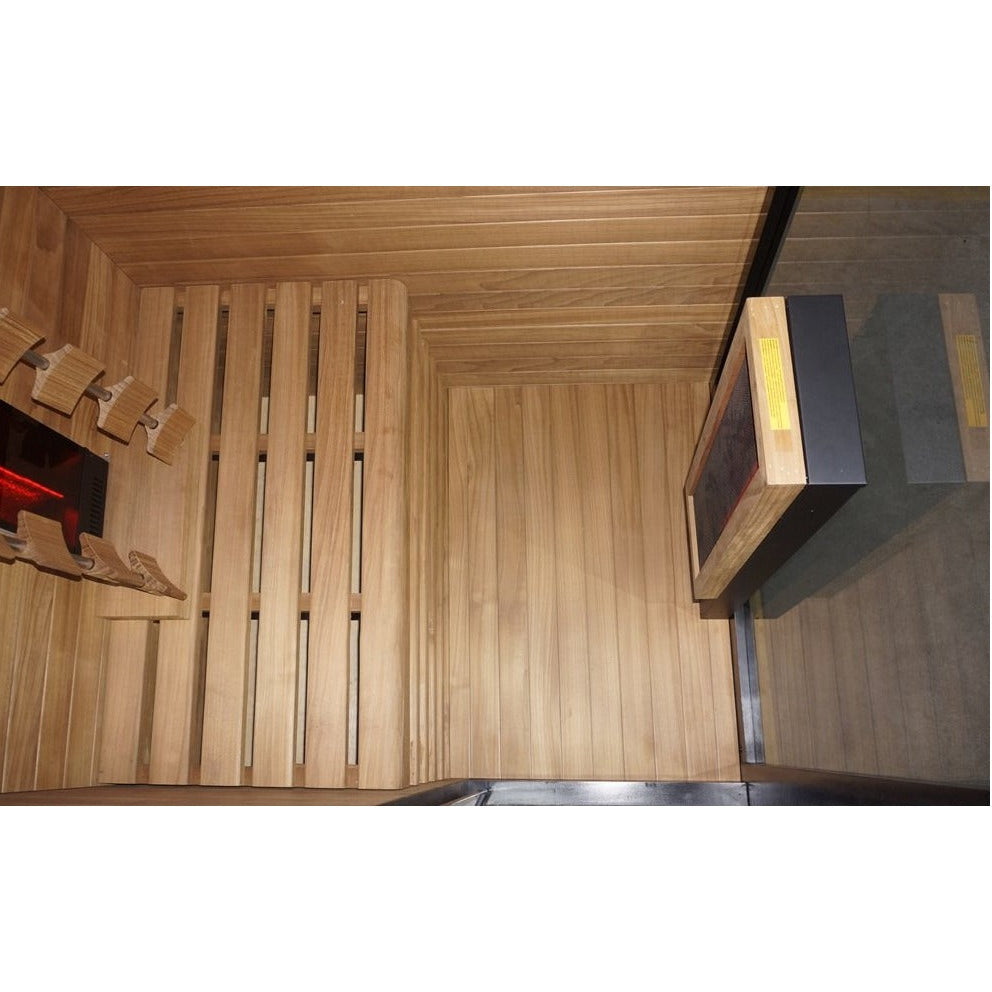 Top-down interior view of the Hekla IR100 infrared sauna cabin.