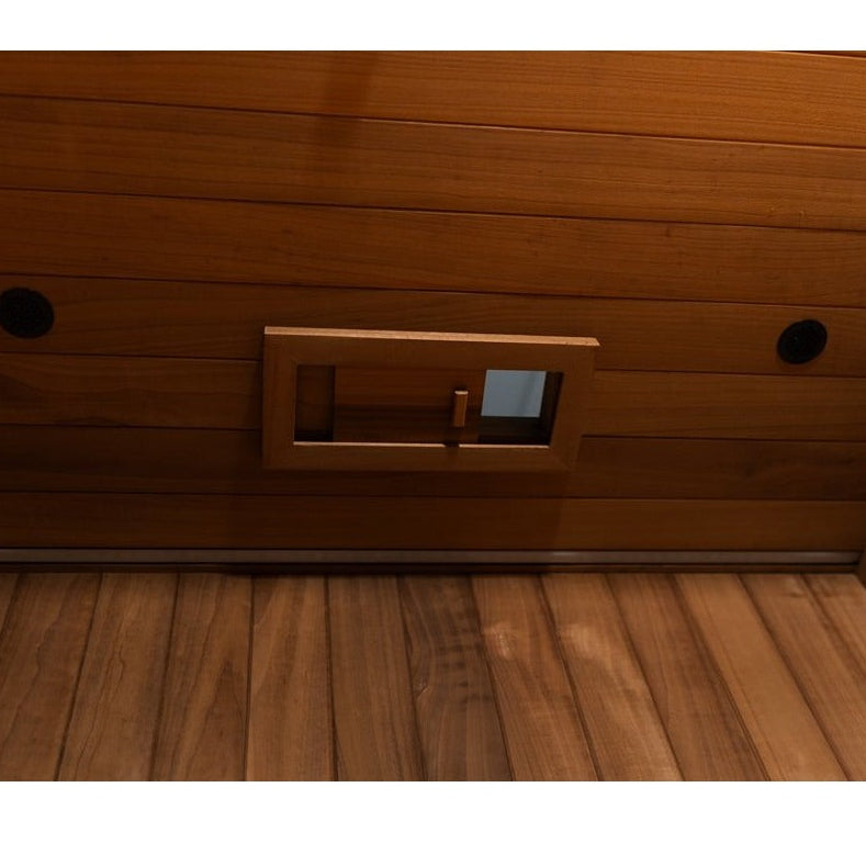 Interior vent and speaker detail inside the Hekla IR100 infrared sauna.