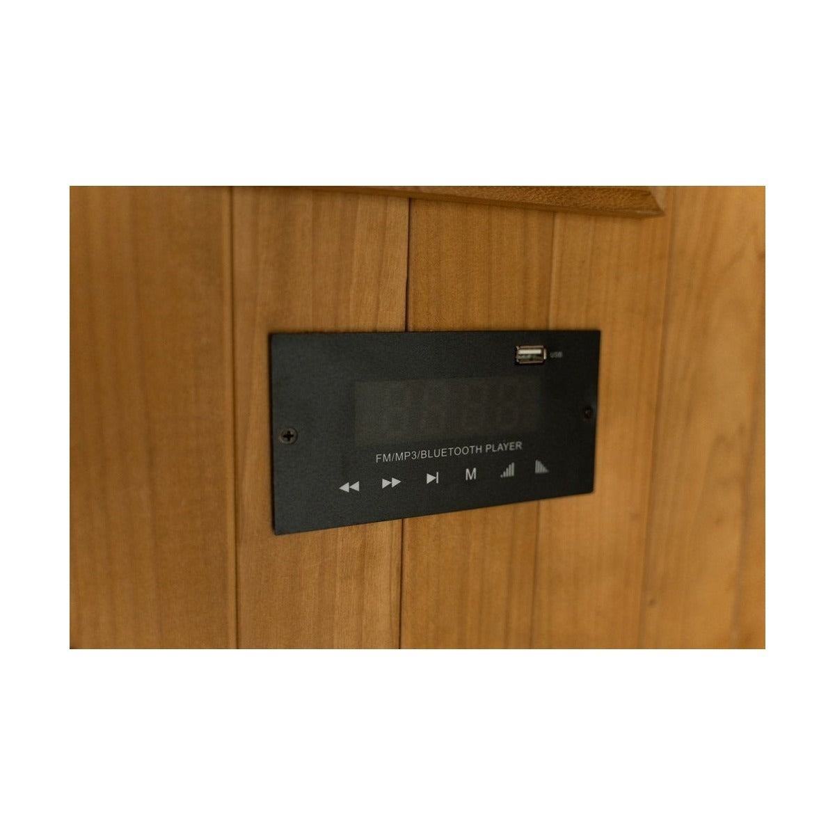 Hekla infrared sauna built-in Bluetooth/USB audio control panel.