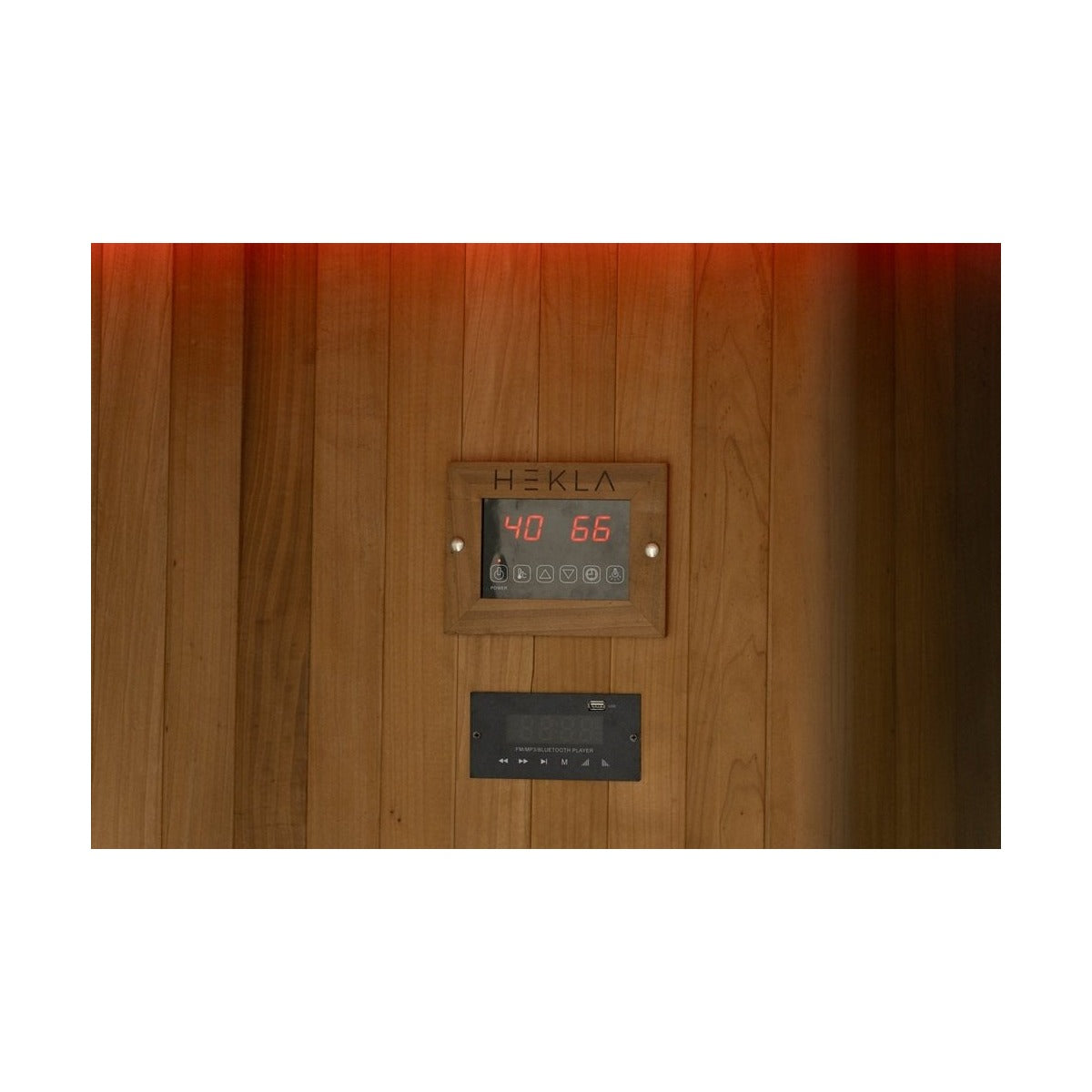 Hekla infrared sauna controls and audio panel inside the cabin.