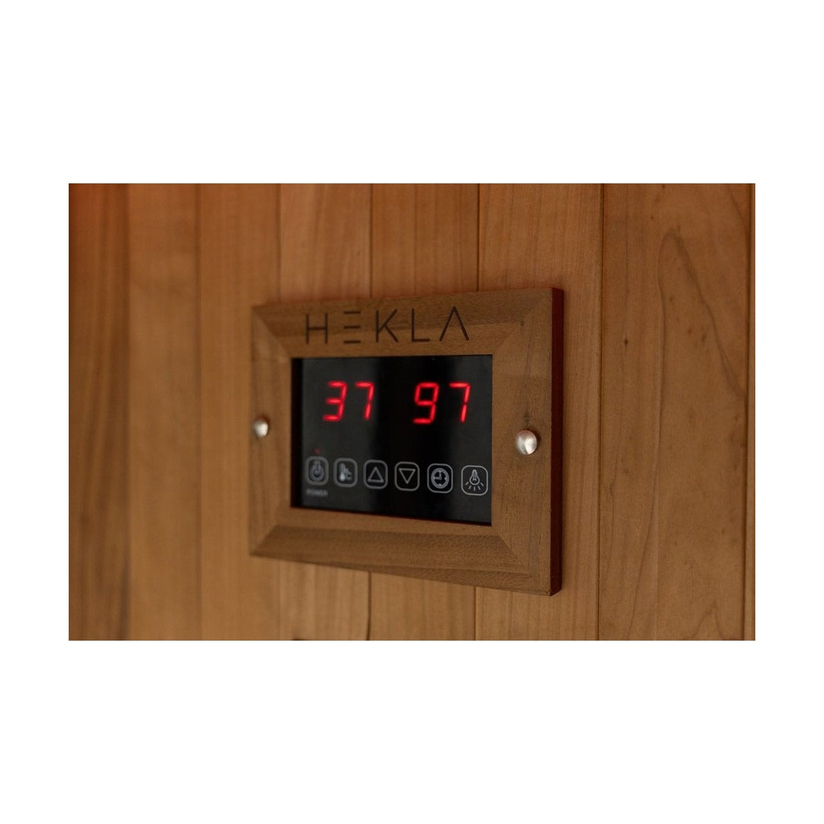 Hekla infrared sauna control panel with temperature display.