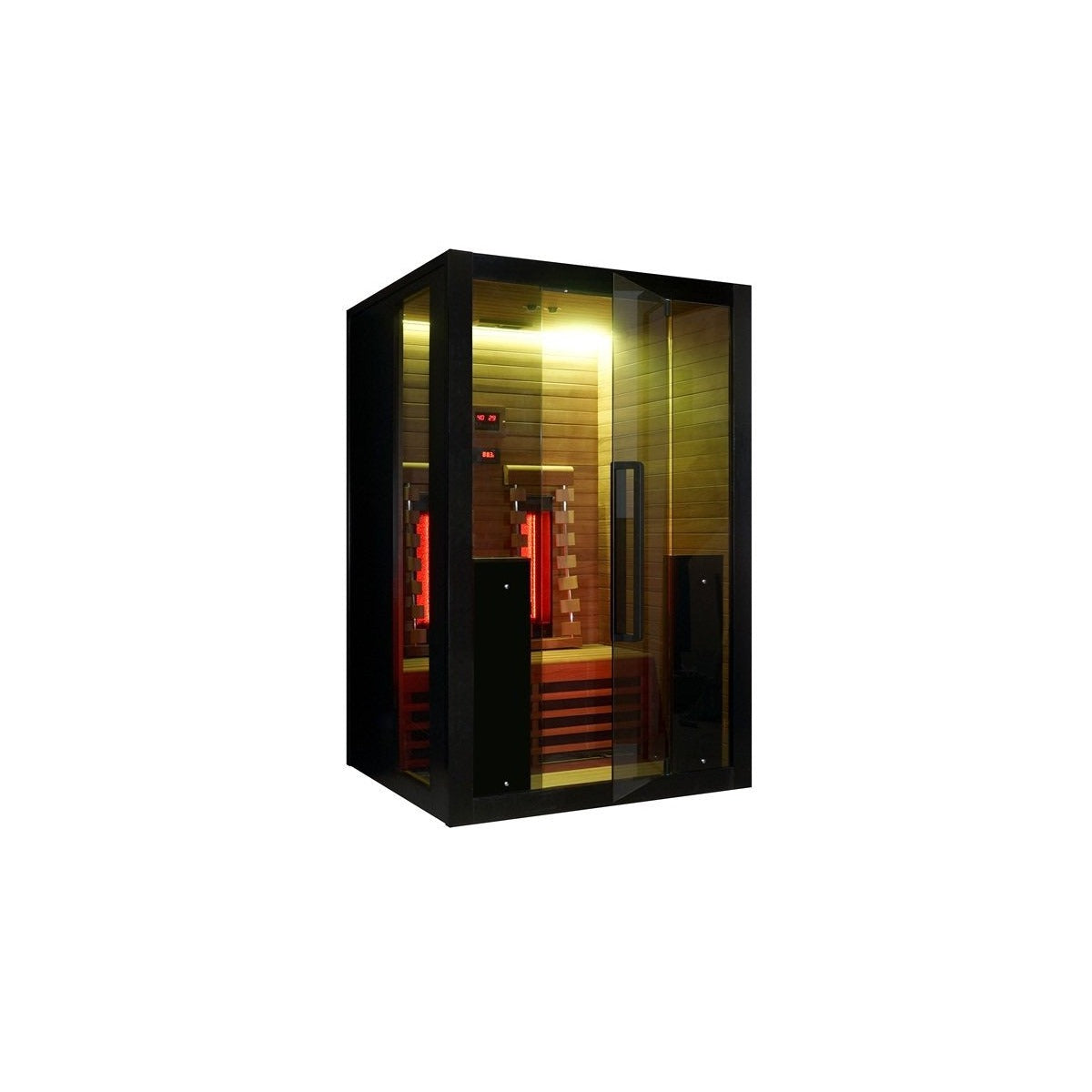 Hekla IR130 infrared sauna with warm amber LED lighting.