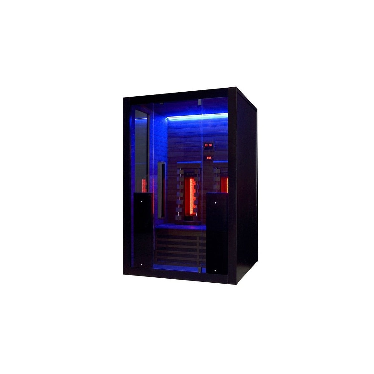 Hekla IR130 infrared sauna with blue LED chromotherapy lighting.