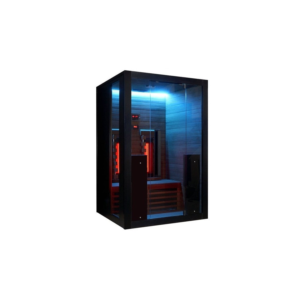 Hekla IR130 infrared sauna with cool blue/cyan LED lighting.