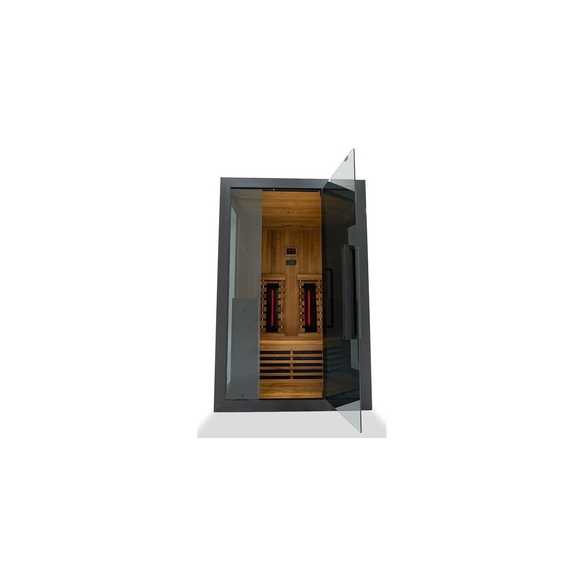 Hekla IR130 infrared sauna cabin front view with door open showing interior.