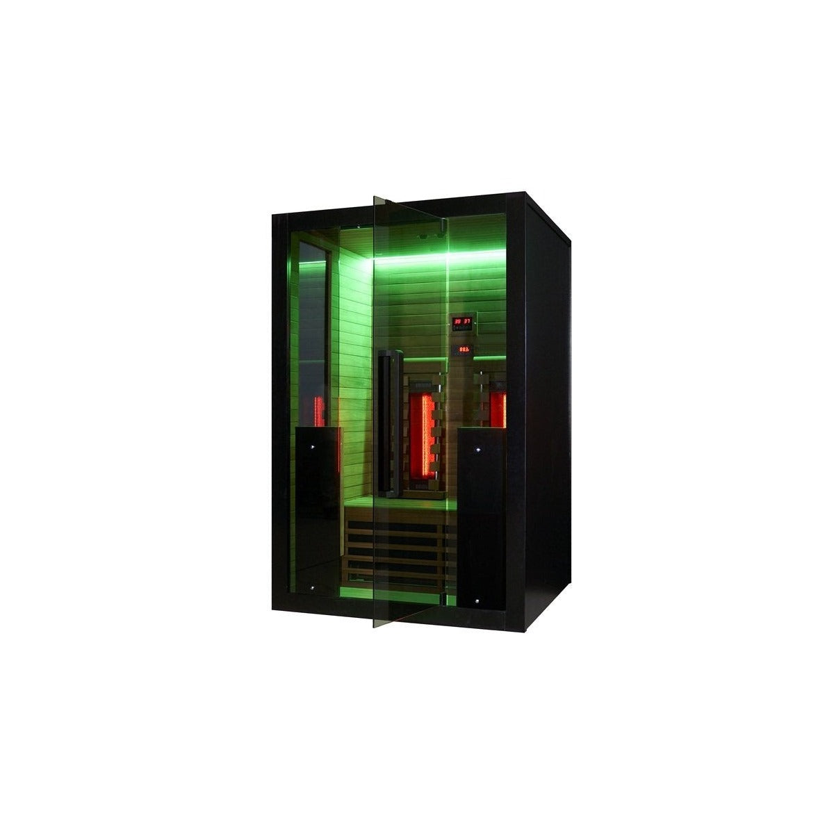 Hekla IR130 infrared sauna with green LED chromotherapy lighting.