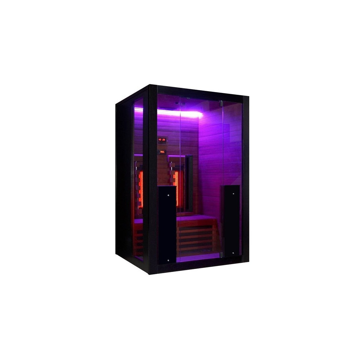 Hekla IR130 infrared sauna with purple LED chromotherapy lighting.