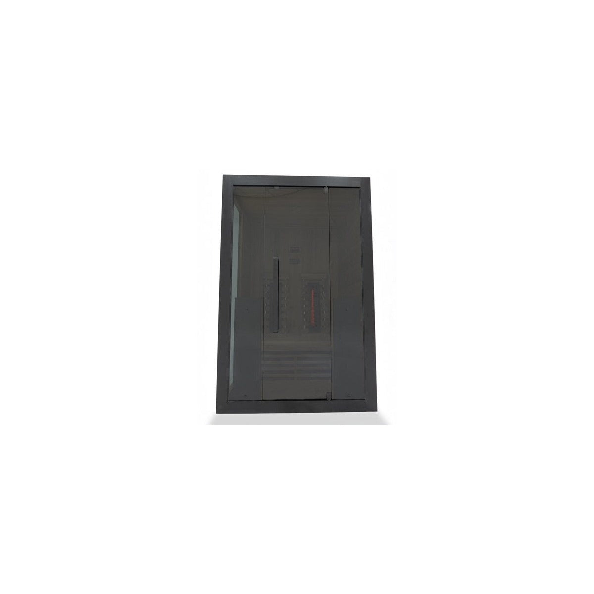 Hekla IR130 2 person infrared sauna cabin front view with tinted glass door.