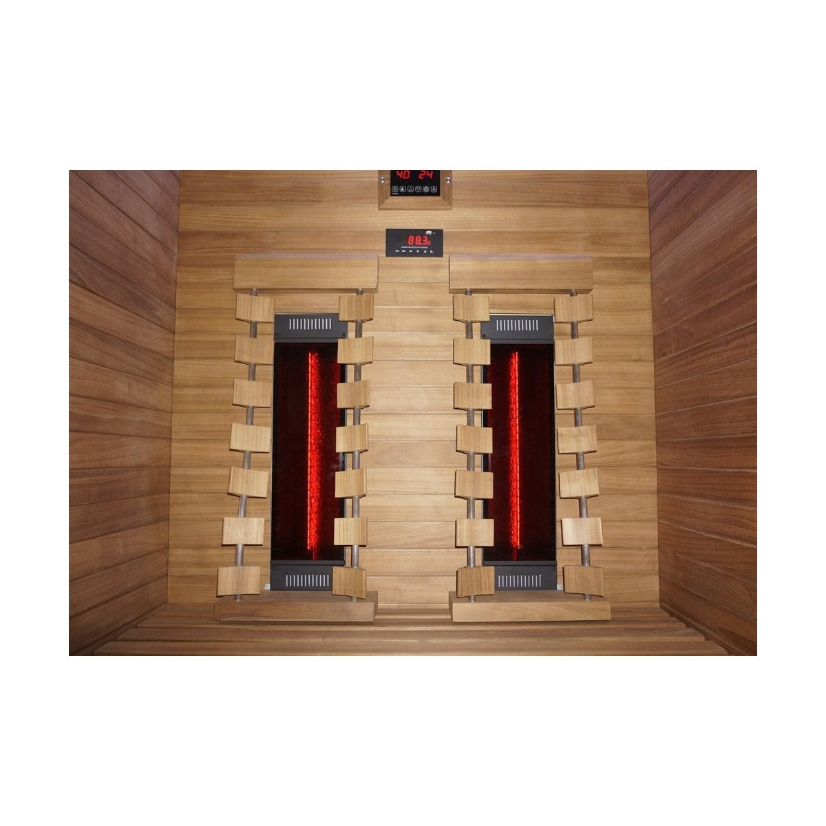 Infrared heater panel close-up inside the Hekla IR130 sauna.