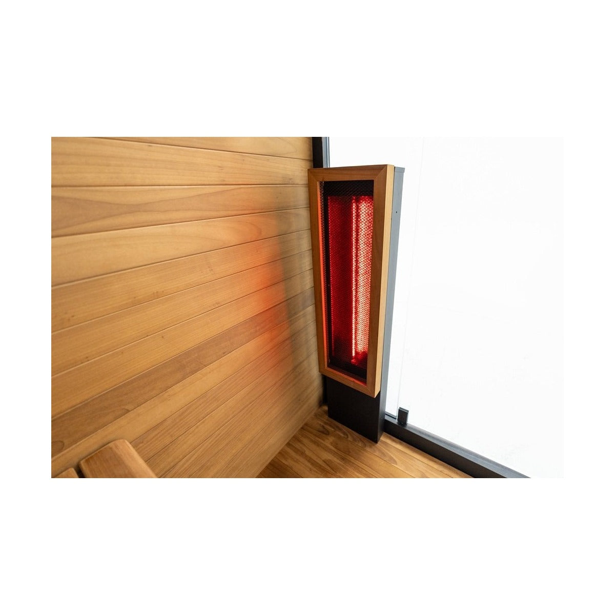 Hekla IR130 sauna interior side wall heater detail.