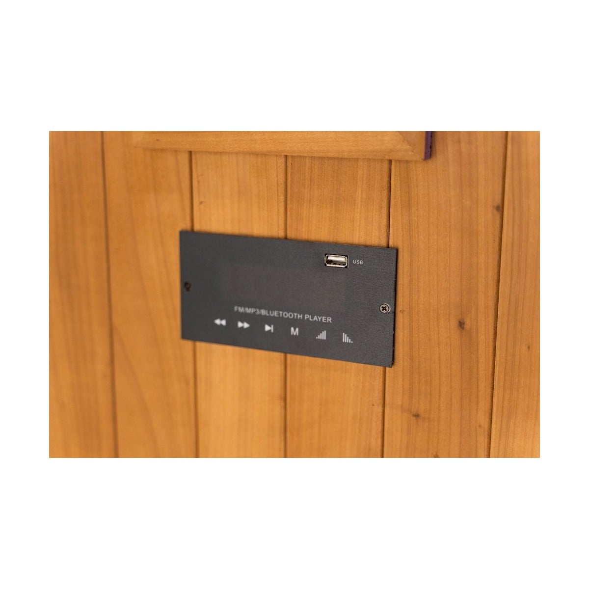 Bluetooth audio panel on the Hekla IR160 2 person infrared sauna cabin.