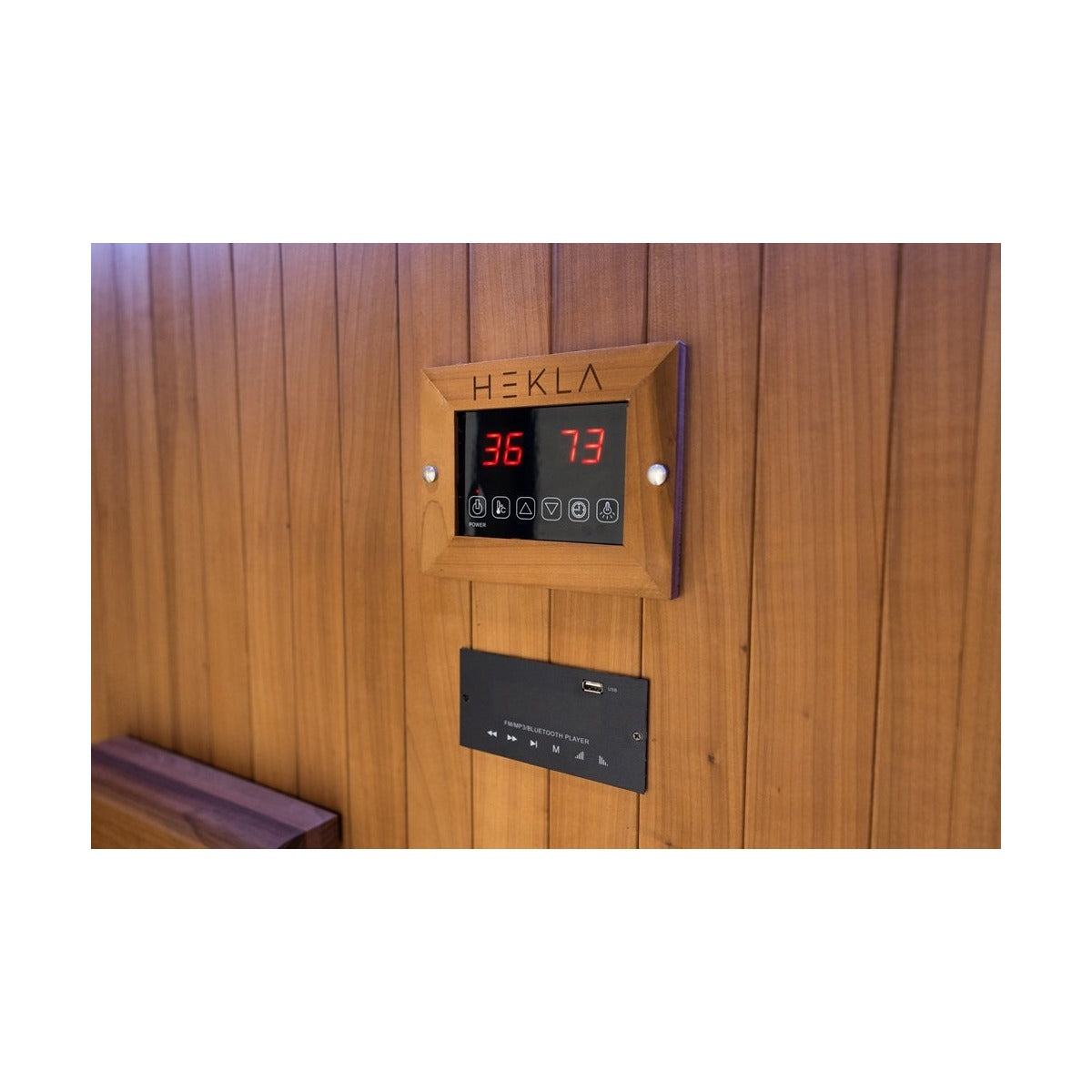 Control panel and audio panel on the Hekla IR160 2 person infrared sauna cabin.