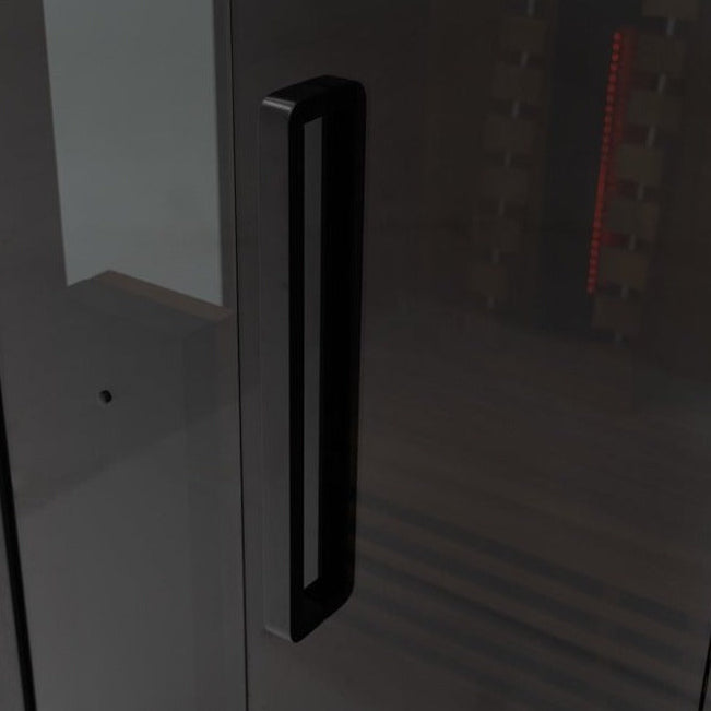 Exterior door handle closeup view of the Hekla IR160 2 person infrared sauna cabin.