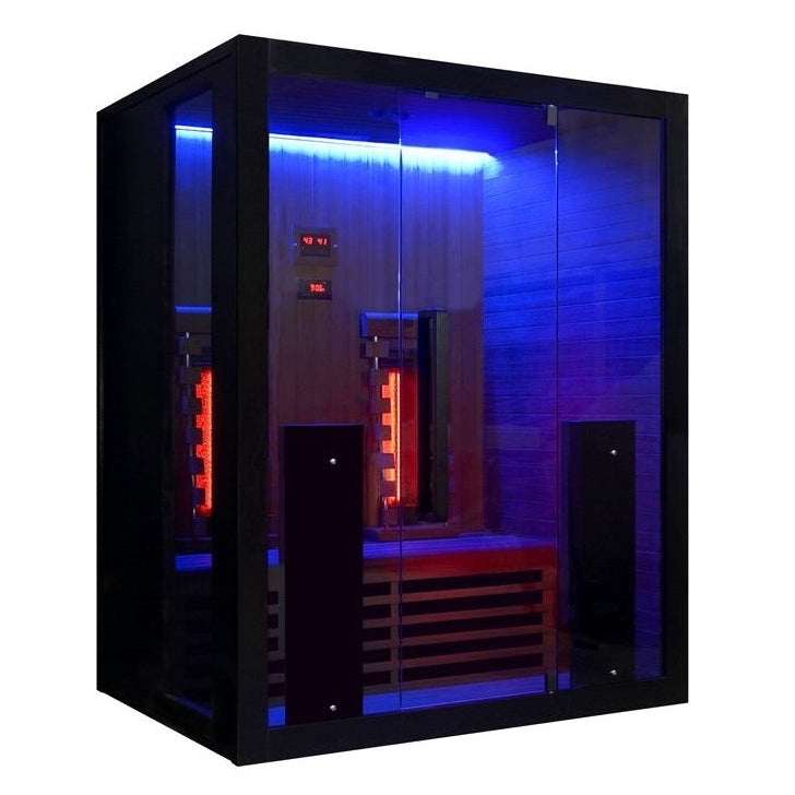 Exterior front blue led dark view of the Hekla IR160 2 person infrared sauna cabin.