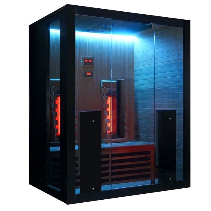 Exterior front blue led view of the Hekla IR160 2 person infrared sauna cabin.