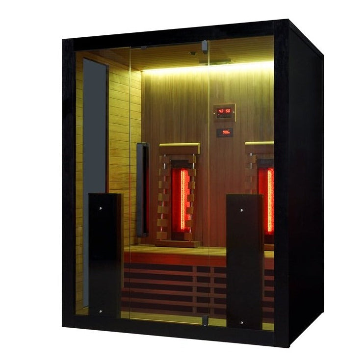 Exterior front door open warm led view of the Hekla IR160 2 person infrared sauna cabin.