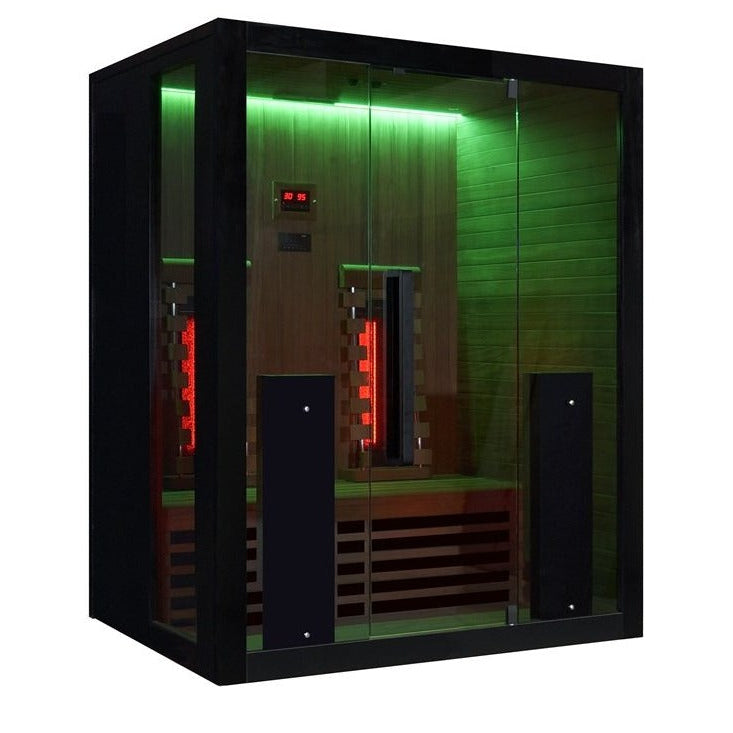 Exterior front green led view of the Hekla IR160 2 person infrared sauna cabin.