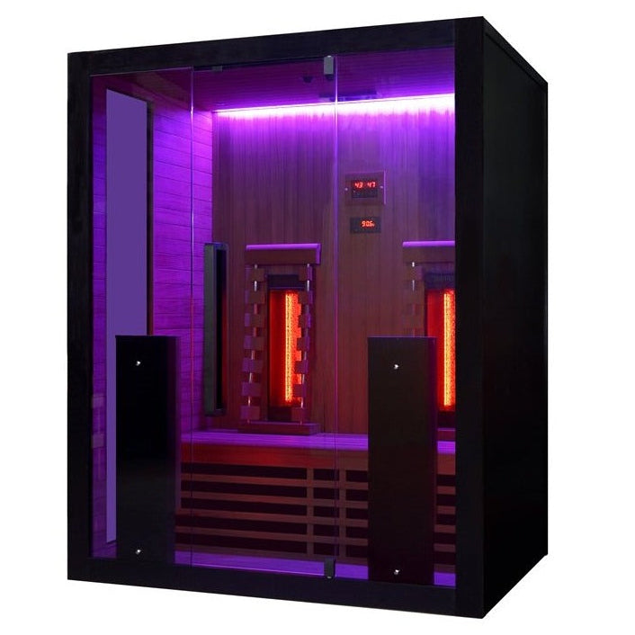 Exterior front purple led view of the Hekla IR160 2 person infrared sauna cabin.