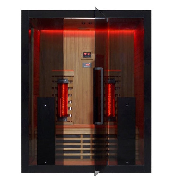 Exterior front red led door open view of the Hekla IR160 2 person infrared sauna cabin.