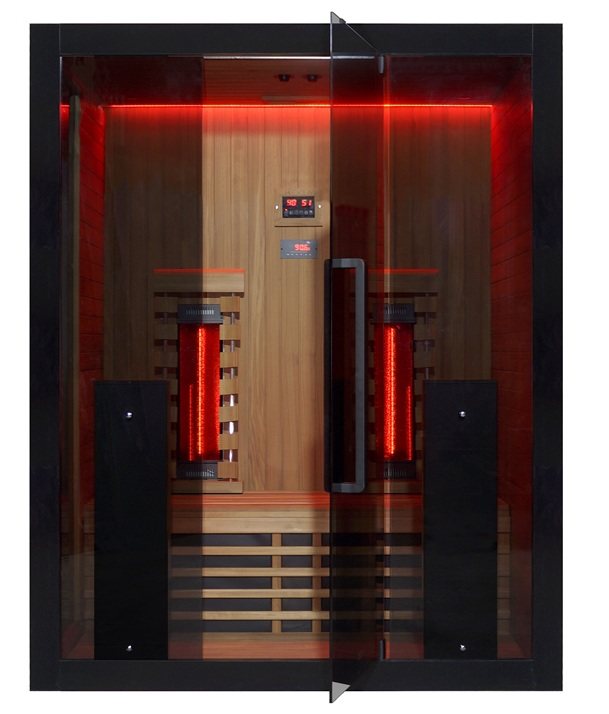 Exterior front red led door open view of the Hekla IR160 2 person infrared sauna cabin.