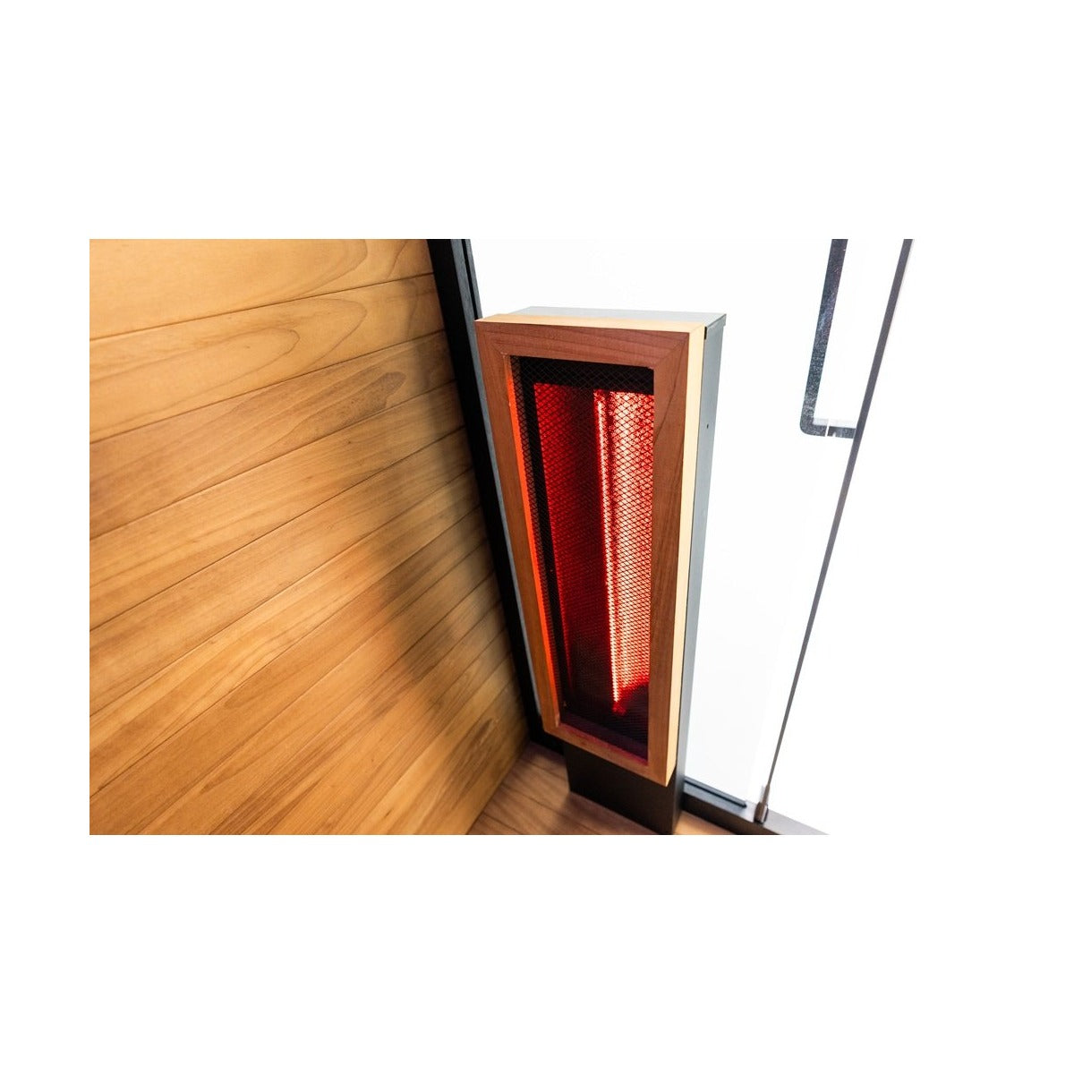 Infrared heater by door closeup of the Hekla IR160 2 person infrared sauna cabin.