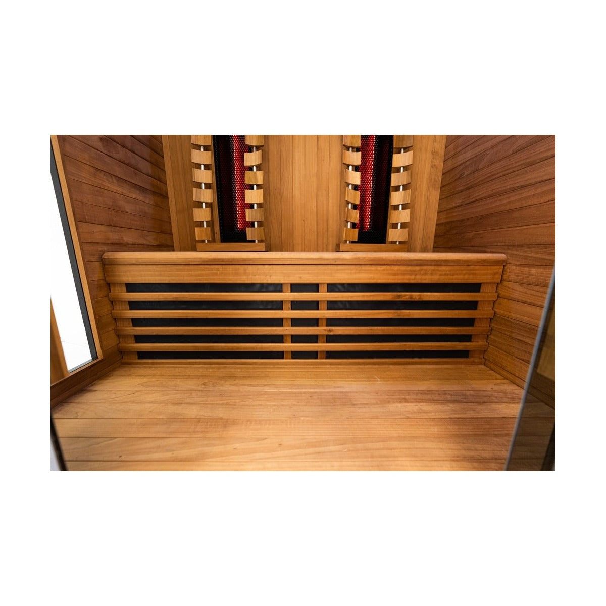 Interior bench and back heaters view of the Hekla IR160 2 person infrared sauna cabin.