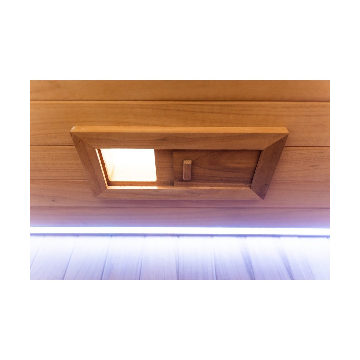 Interior ceiling light and led strip view of the Hekla IR160 2 person infrared sauna cabin.