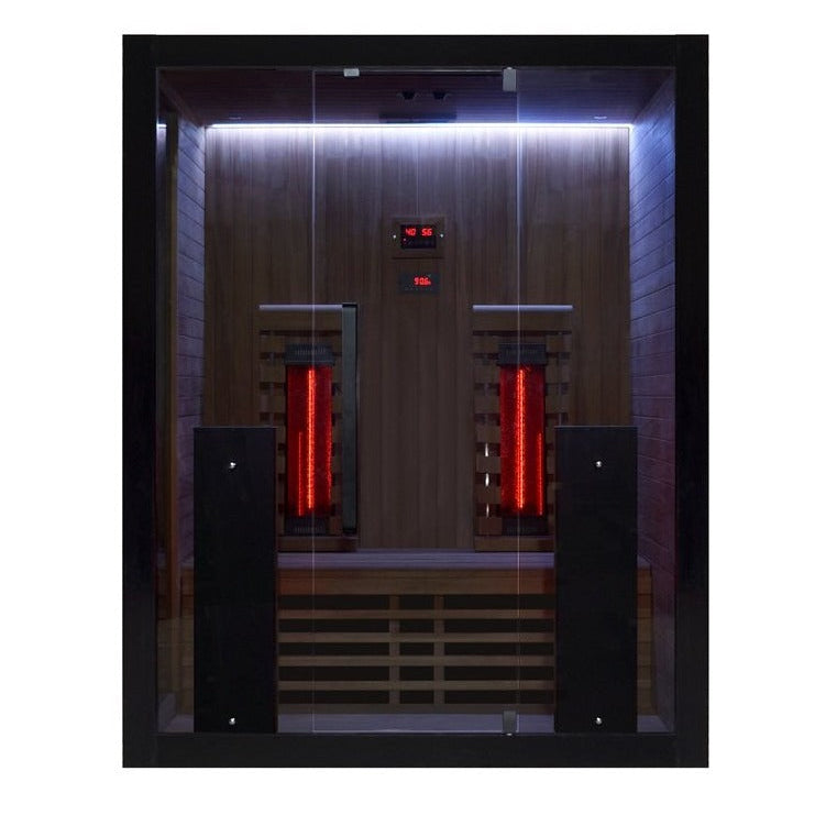 Interior front view white led view of the Hekla IR160 2 person infrared sauna cabin.
