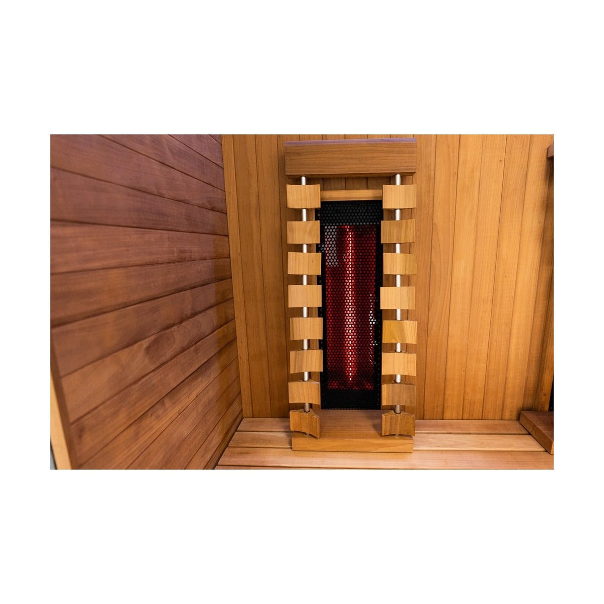 Interior infrared heater closeup view of the Hekla IR160 2 person infrared sauna cabin.