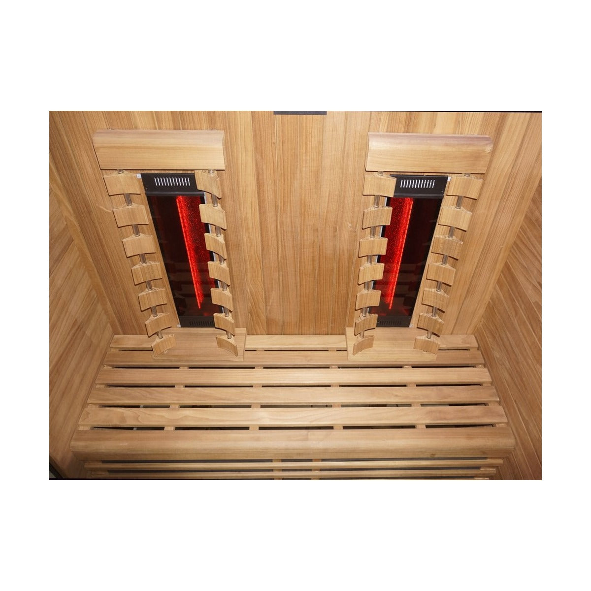 Interior top view heaters and bench view of the Hekla IR160 2 person infrared sauna cabin.