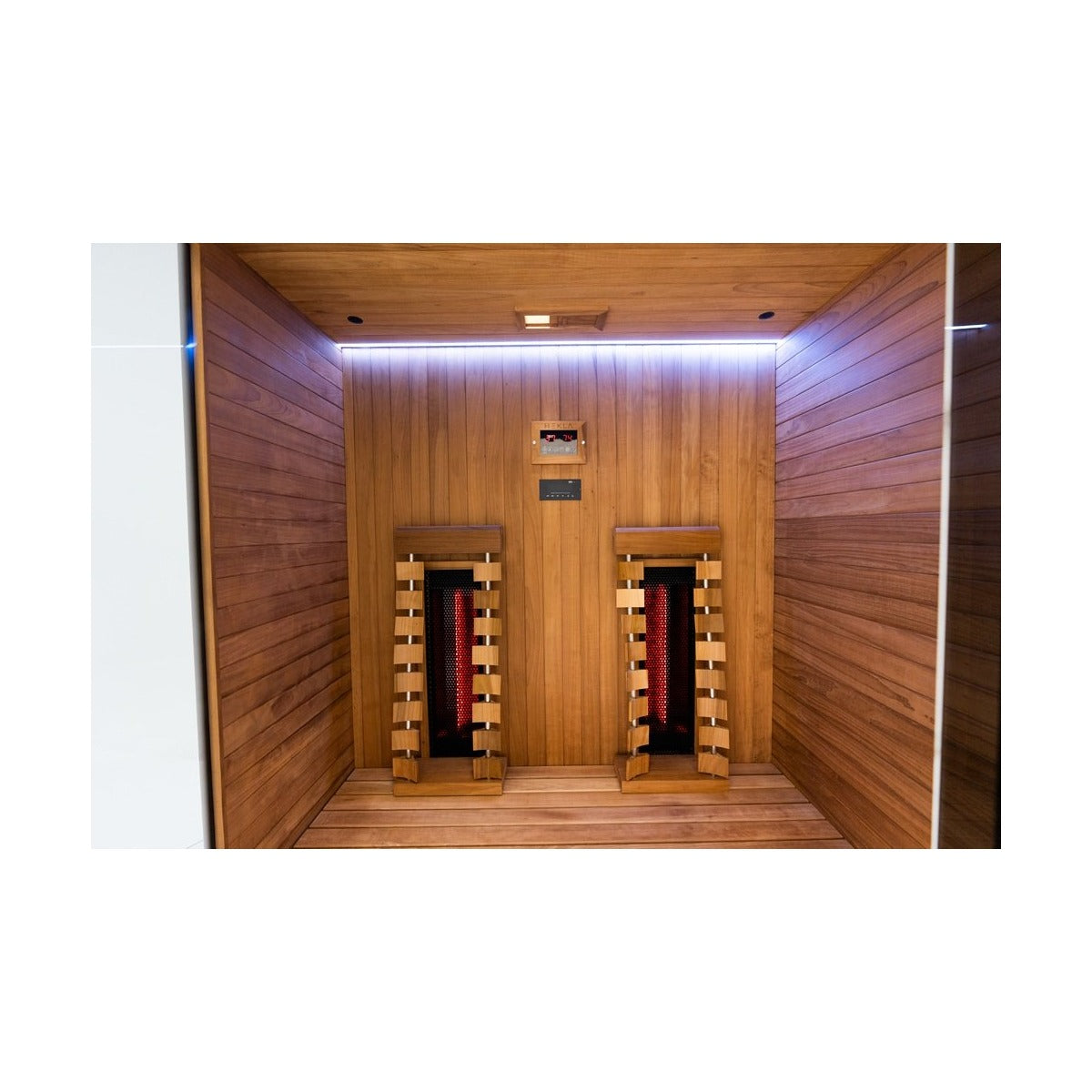 Interior wide view heaters view of the Hekla IR160 2 person infrared sauna cabin.