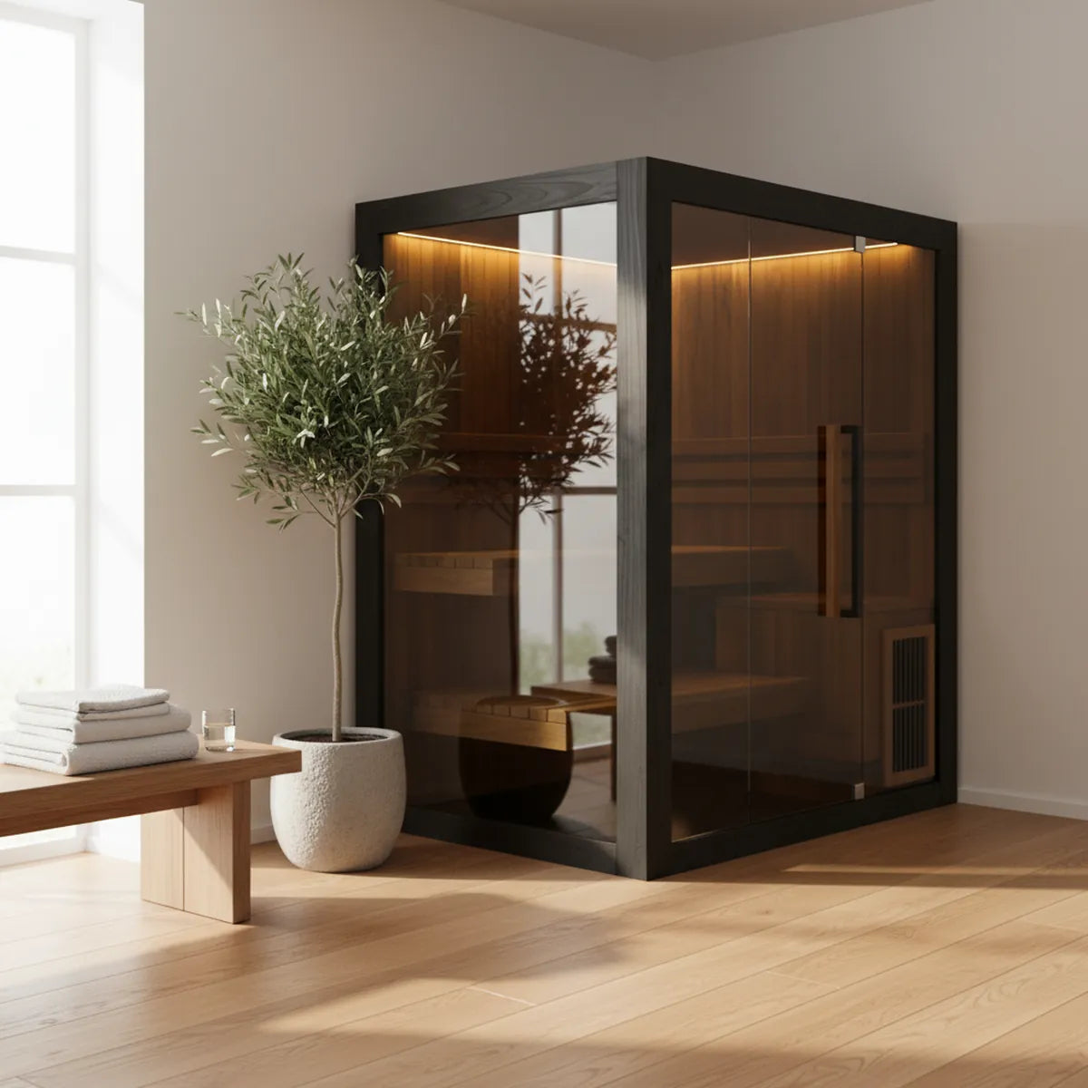 Hekla Traditional 160 indoor sauna in black, modern Scandinavian bathroom with oak floor and olive tree