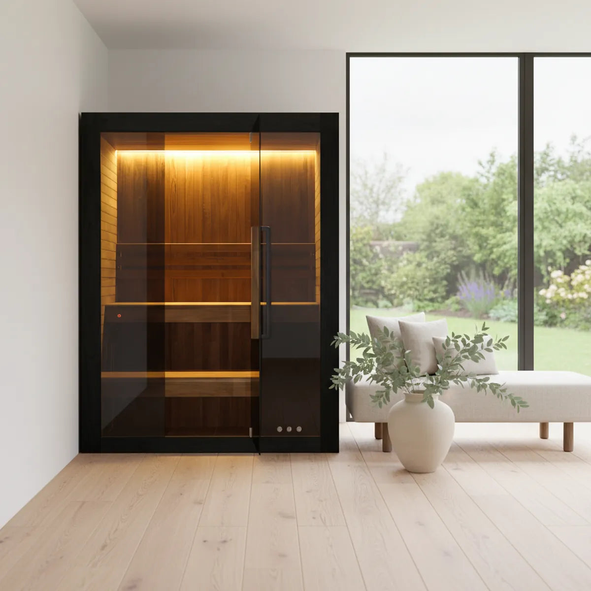Hekla Traditional 160 black sauna in UK garden room with floor-to-ceiling glazing