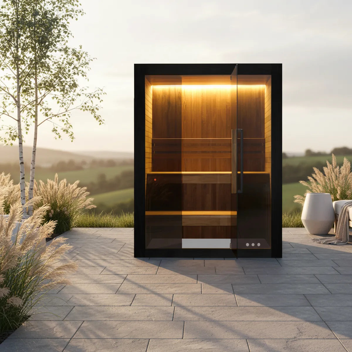 Hekla Traditional 160 black indoor sauna on contemporary stone terrace at golden hour
