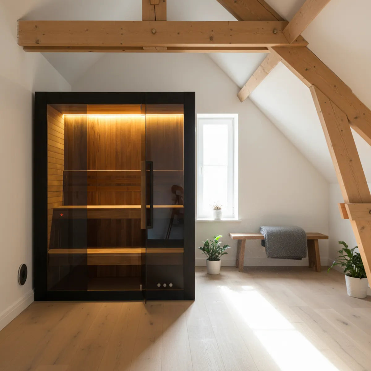 Hekla Traditional 160 black sauna in converted loft spa room with exposed beams